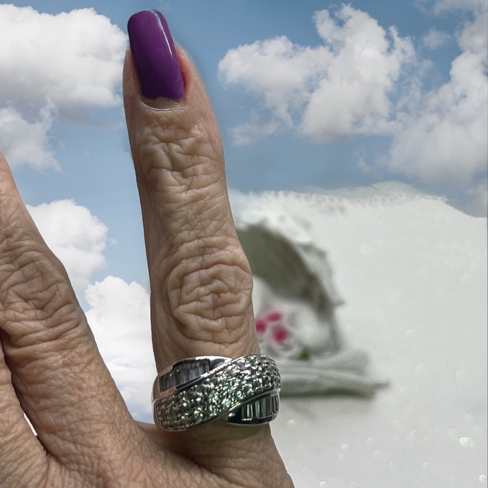 Pave Round & Baguette CZ Sterling Cross Over Ring - Picture 7 of 7